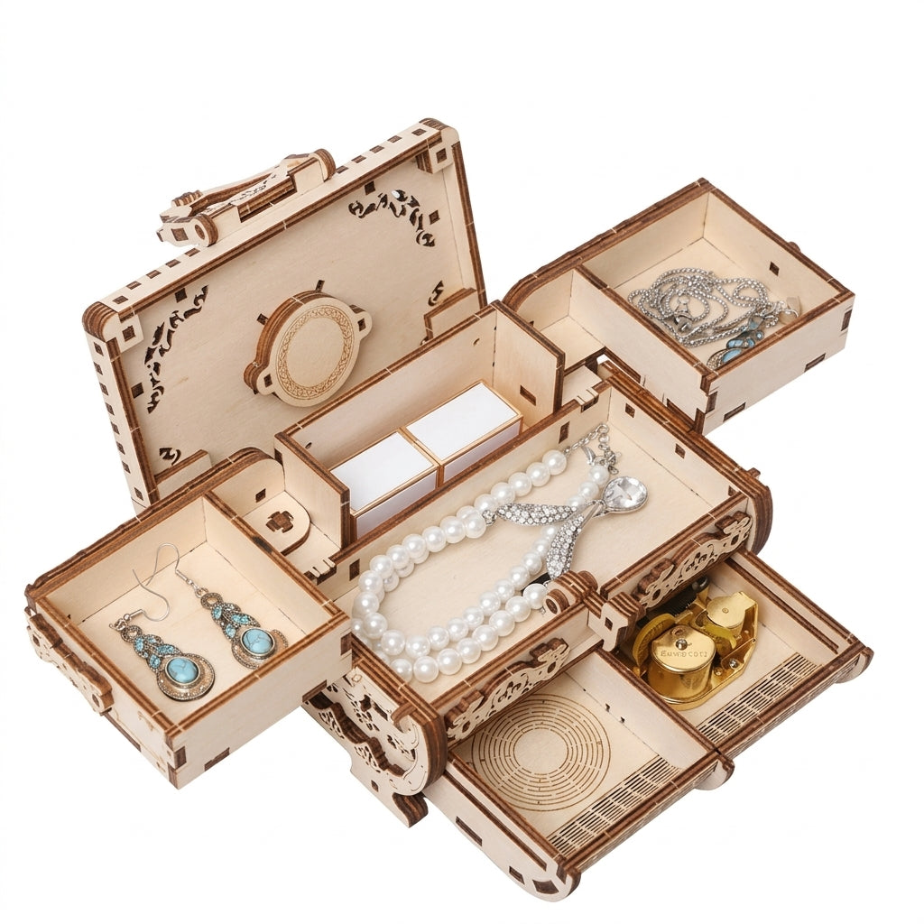 3D Holzpuzzle Antike Schatztruhe, geöffnetes Schmuckkästchen mit mehreren Fächern für Ringe, Ketten und Schmuck