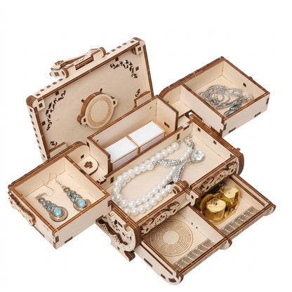 3D Holzpuzzle Antike Schatztruhe, geöffnetes Schmuckkästchen mit mehreren Fächern für Ringe, Ketten und Schmuck