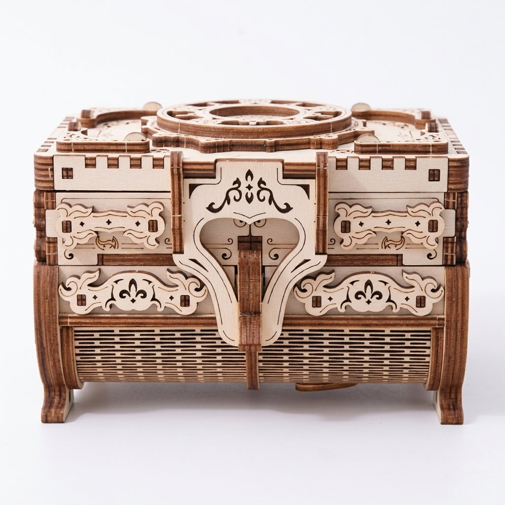 3D Holzpuzzle Antike Schatztruhe, Detailansicht des Schmuckkästchens aus Holz