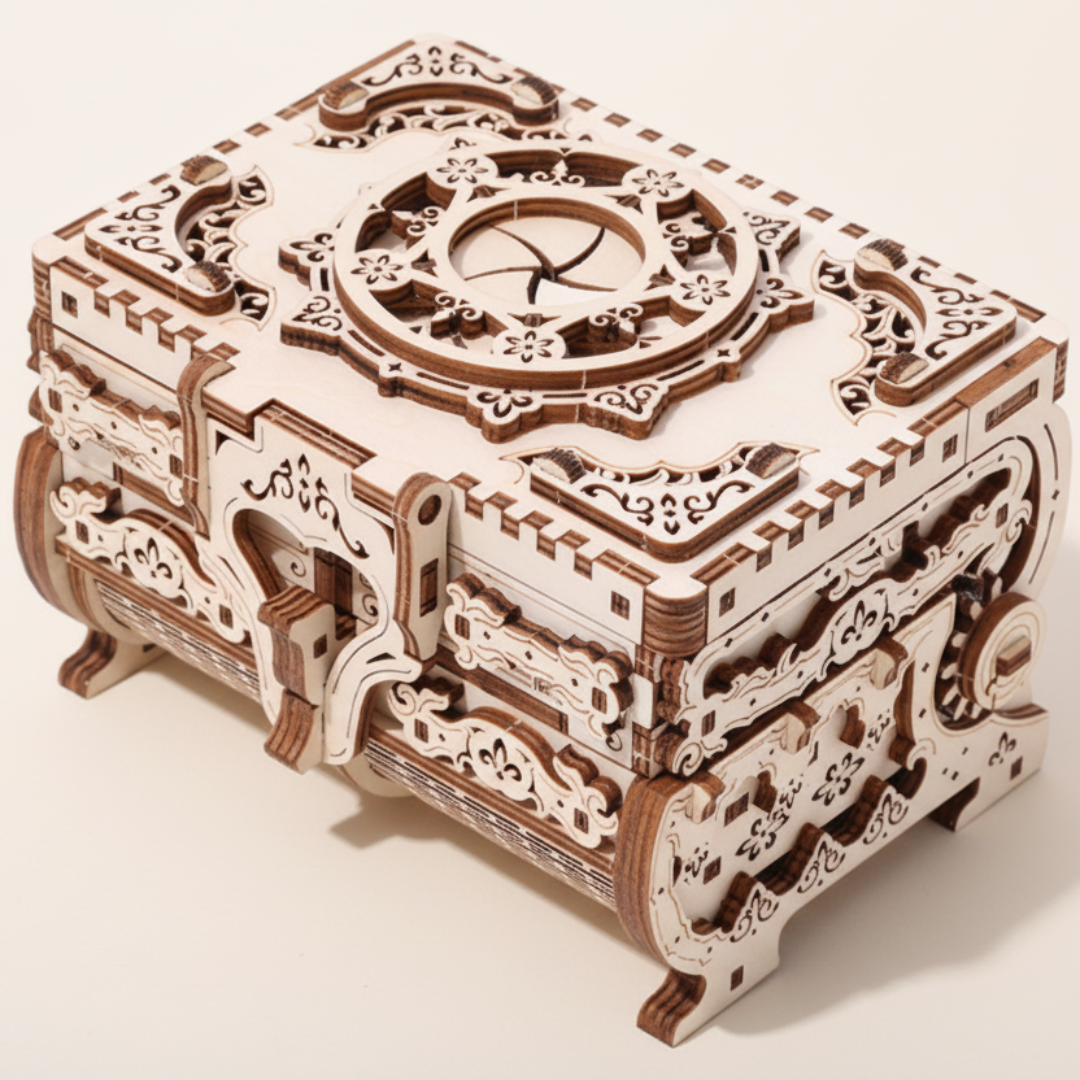 3D Holzpuzzle Antike Schatztruhe, Schmuckkästchen aus Holz, geschlossene Ansicht