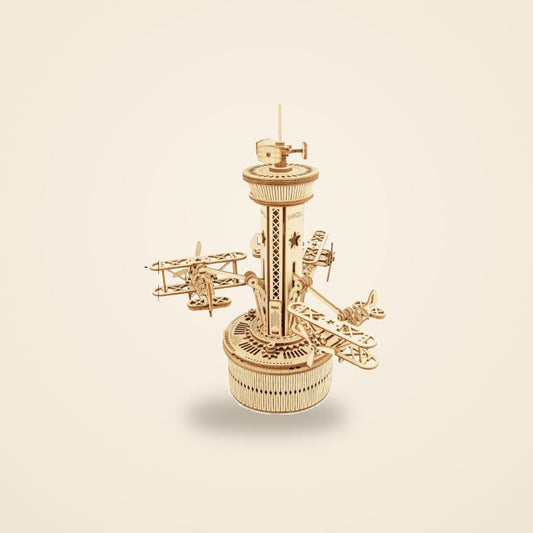 3D-Holzpuzzle Flugzeug-Karussell mit drei kreisenden Doppeldeckern